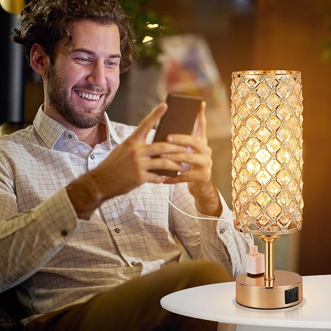 Hong-in Gold Lamps Set of 2, Dimmable Gold Lamps for Nightstand with USB-C+A & AC Charging Ports, 3-Way USB Crystal Lamp, Bedside Desk Light for Bedroom Living Room Home Office(Bulb Included)