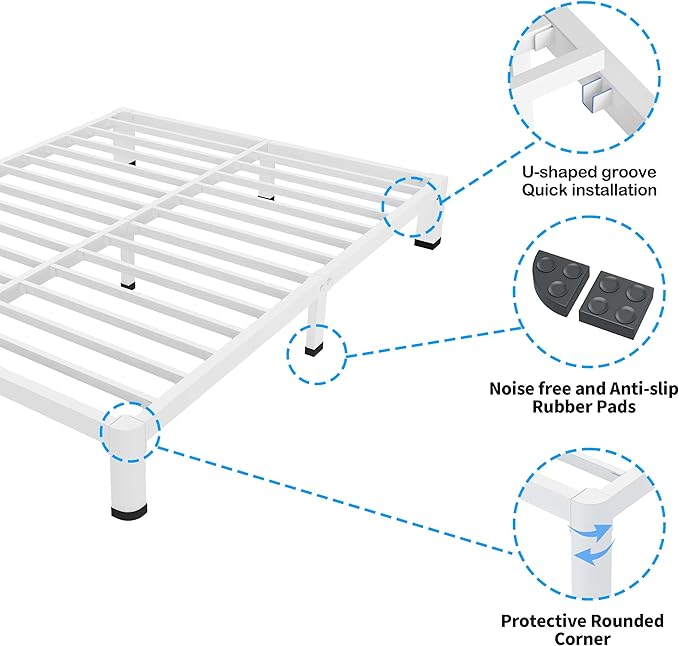 ROIL 10 Inch White Full Bed Frame with Rounded Corner and Mattress Retainers, 3500LBS Heavy Duty Steel Slats No Box Spring Needed Platform Noise-Free Easy Assembly