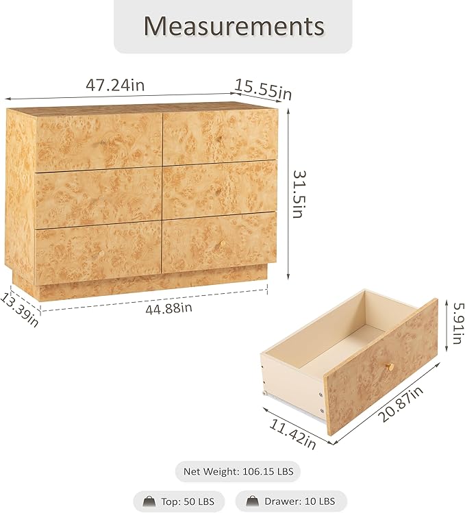 Modern 6 Drawer Dresser Set of 2 with Burl Finish, Wide Wood Chest of Drawers Clothes Organizer, Stylish Large Storage Cabinet for Bedroom or Entryway