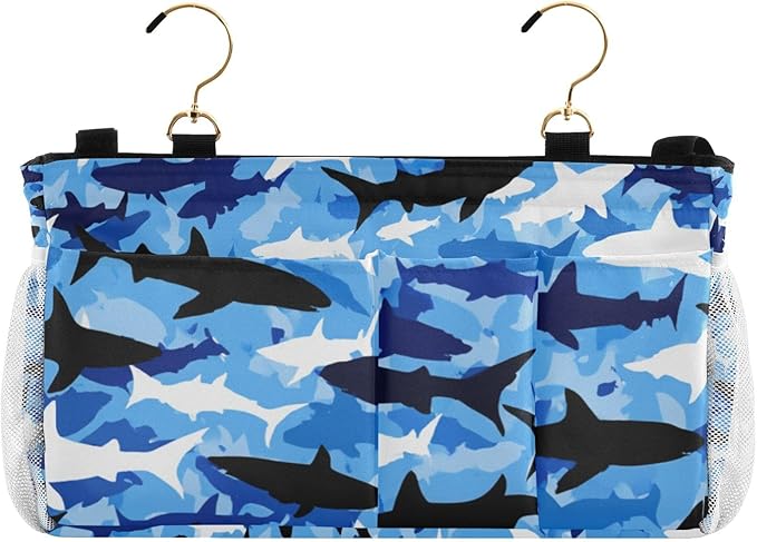 Bedside Caddy Hanging Bunk Bed Caddy Bed Organizer Hanging Pocket with 2 Hooks Bedside Storage Organizer Pocket Bag Holder Marine Bright Sky Blue Shark