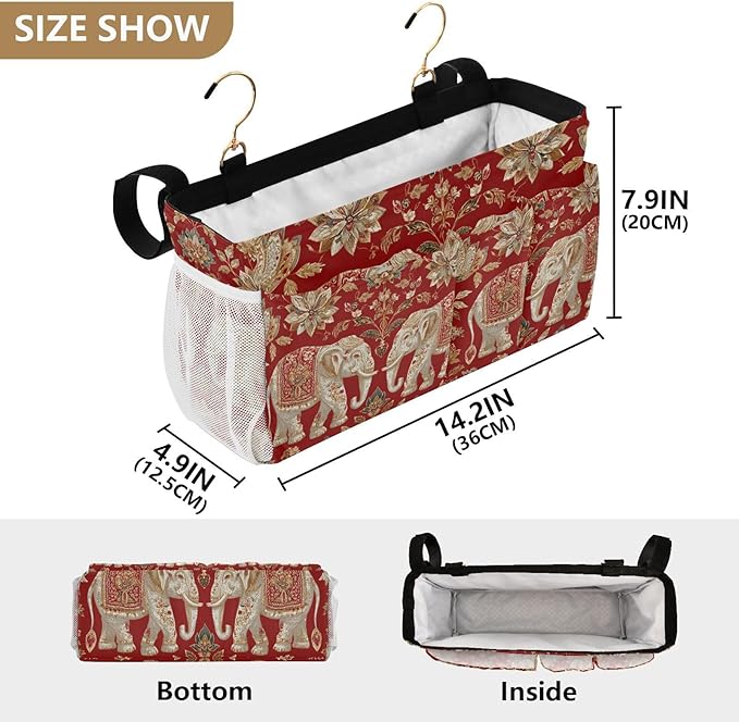Bedside Caddy Hanging Bunk Bed Caddy Bed Organizer Hanging Pocket with 2 Hooks Bedside Storage Organizer Pocket Bag Holder Red Retro Elephant Flowers