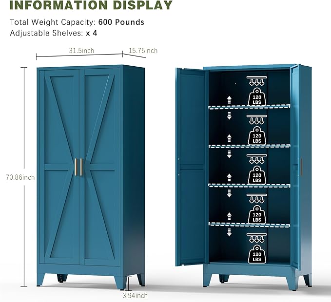 COFaR Home Farmhouse Storage Cabinet with Barn Door, Tall Kitchen Pantry Cupboard with Adjustable Shelves, for Dining Room, Bathroom, Living Room Blue.