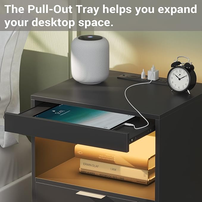 Tiptiper Black Nightstand Set of 2, LED Nightstand with Wireless Charging Station, Night Stand with Drawers & Pull-Out Shelf, Modern Bedside Table with Storage, End Table Side Table