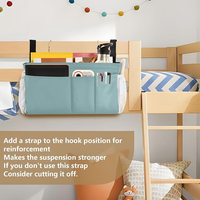 KOPIRIT Teal Bedside Caddy Storage Bag Bedside Organizer for Bunk Bed Headboards College Bedside Shelf Hanging Organizer 6 Pockets with Hooks for Glasses Book Tablet Holder