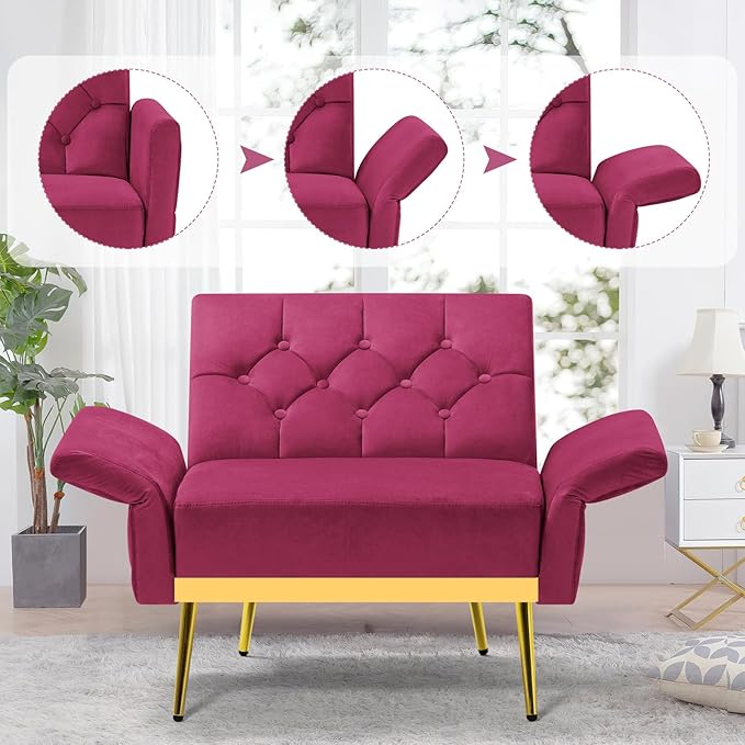Velvet Accent Chair w/Adjustable Armrests and Backrests, Tufted Single Sofa with Ottoman, Upholstered Reading Chiar for Living Room, Apartment, Bedroom, Fuchsia