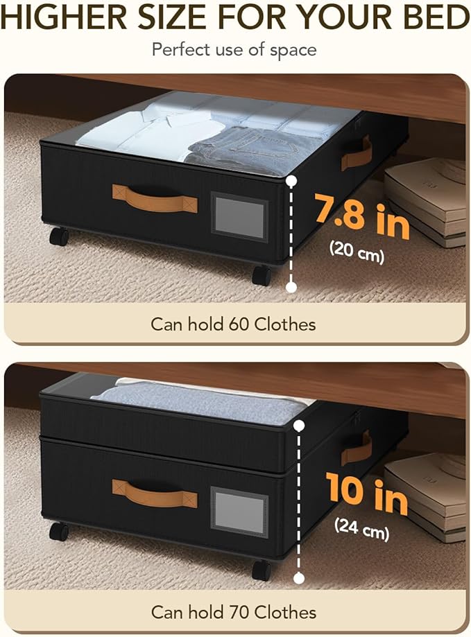 Under Bed Storage with Wheels, 10 inches Under Bed Storage Containers, 65L XXL Large Adjustable Underbed with Lids, Rolling Underbed Storage bins for Shoes, Clothes, Blankets, Black