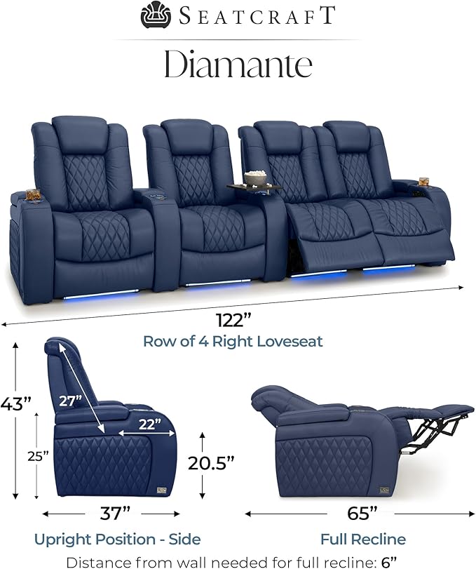 Seatcraft Diamante Zero-Gravity CoolZero Italian Leather Home Theater Seating, Power Headrest, Power Recline, Row of 4 Right Loveseat, Navy Blue