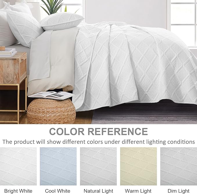 Yiran White Quilt Set King Size Fall Bedspreads Embossed Diamond Pattern 3 Piece Soft Microfiber Coverlet for All Season with 2 Pillow Shams (King, 106x96 Inch)