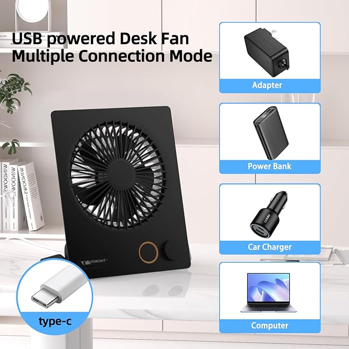 Small Desk Fan,VEMONT USB Table Fan,5000mAh Rechargeable Battery Fan,180°Tilt Folding Personal Portable Fan with Remote Control,Stepless Speed Strong Wind, Silent Hanging Fans for Home Office Desktop