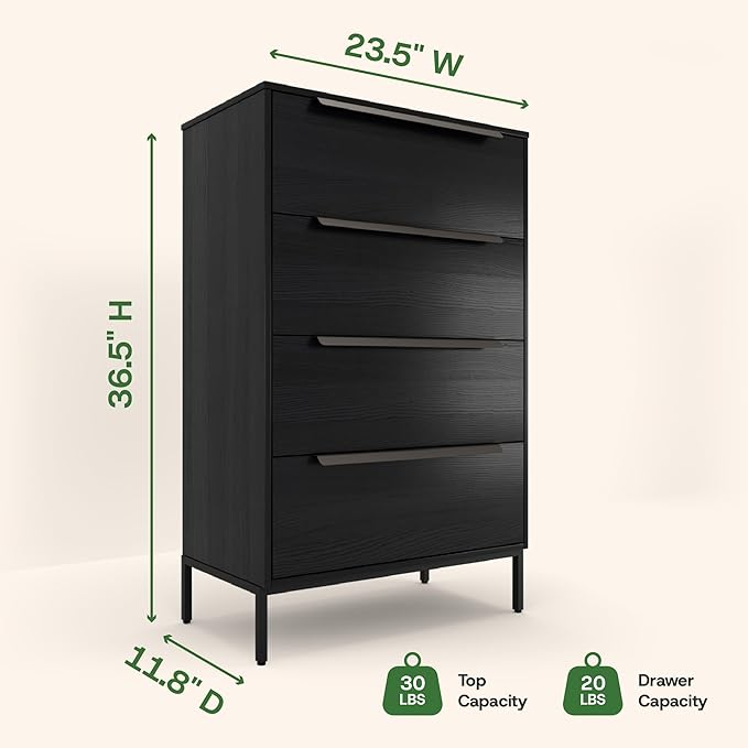 tinge Lira Premium Fabric Dresser - Solid Wooden Frame, 4 Spacious Sag-Proof Drawers with Sleek Metal Handles - Sleek & Durable Storage Solution for Your Home (Black)