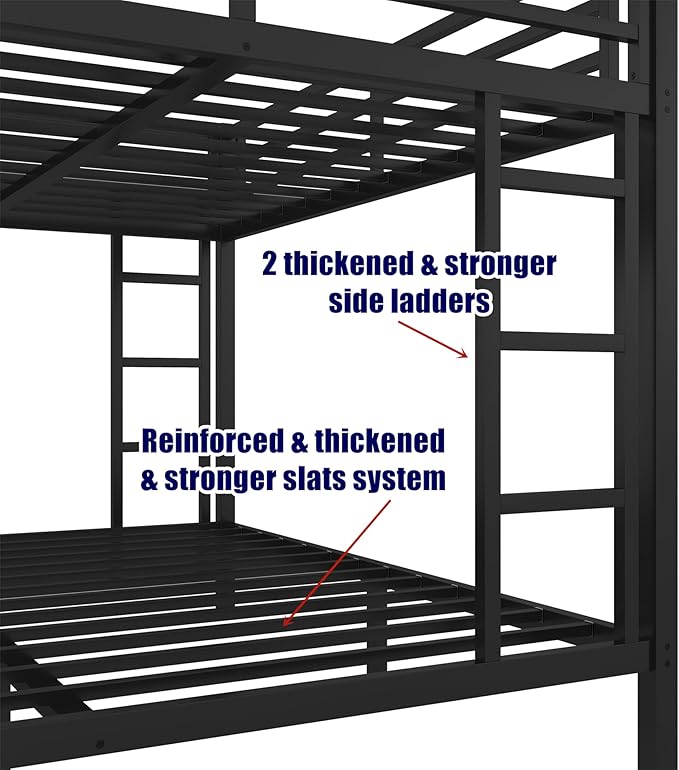LUCALEO Stronger & Truly Reinforced Heavy Duty Metal Bunk Bed Twin XL Over Queen Size Bunkbed, Thickened More Stable & Safer Steel Bunk Bed Frame with Twin Size Trundle (Greater Weight Capacity)