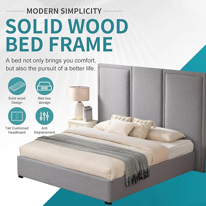 YUHUASHI King Size Bed Frame with 64-inch High Headboard, Simple and Airy Linen Upholstered Platform Bed with Storage Drawers, Wood Slat, No Noise (Grey, King(Hydraulic Lift))