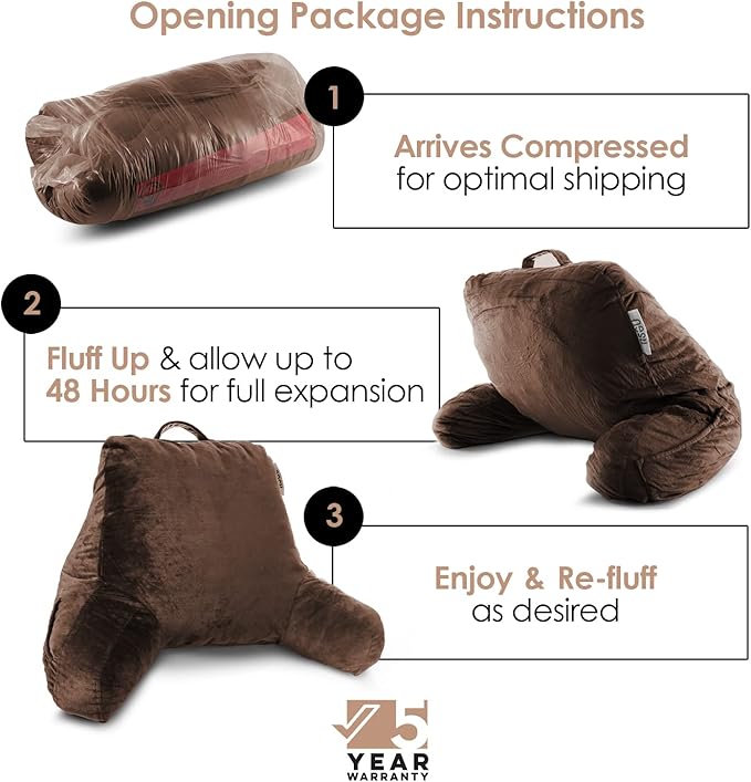 Nestl Reading Pillow with Shredded Memory Foam Designed for Sitting Up in Bed and Couch, Back and Arms Adjustable Support for Adult & Teens Backrest Pillows for Reading Washable Cover, Chocolate Brown