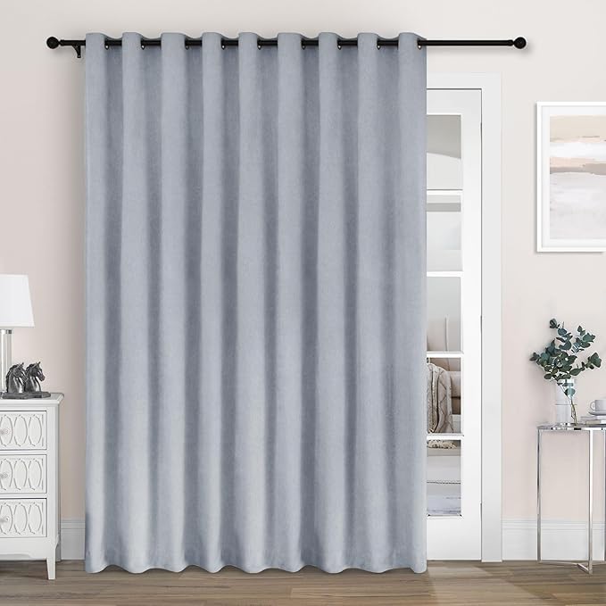 Macochico 100% Blackout Chenille Curtains for Sliding Door Thermal Insulated Noise Reducing Drapery for Living Room Bedroom Hotel, Grommet Curtains with Tieback, Gray Blue, 120" Wx96 L 1 Panel