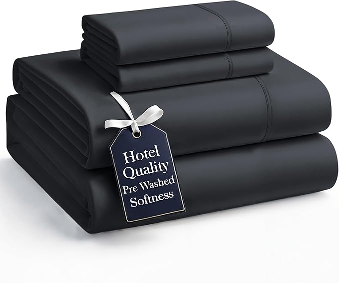 Casa Platino King Bedding Sheet Set – 4 Piece Set, Pre-Washed Brushed Microfiber, Deep Pocket Fitted Sheet for 15" Mattress, Ultra Soft & Breathable Cooling Fabric, Elegant Fit - Black Color