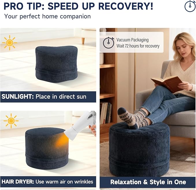 Tiita Stuffed Pouf Ottoman, Round Foot Stool Fluffy Floor Poufs Chair for Living Room Bedroom, Filled Boho Foot Rest for Couch, Blue-Grey