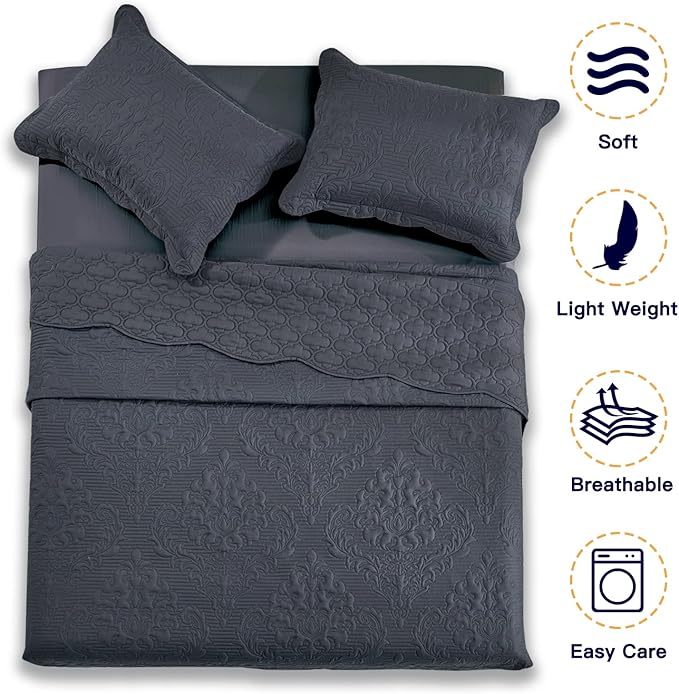 CHIXIN Bedspread Coverlet Quilt Set Full Size - Lightweight Bedding Cover - Ultrasonic Quilting - 5 Piece Reversible Bedspread - Elegant Damask Paisley Pattern (Full, Dark Grey)