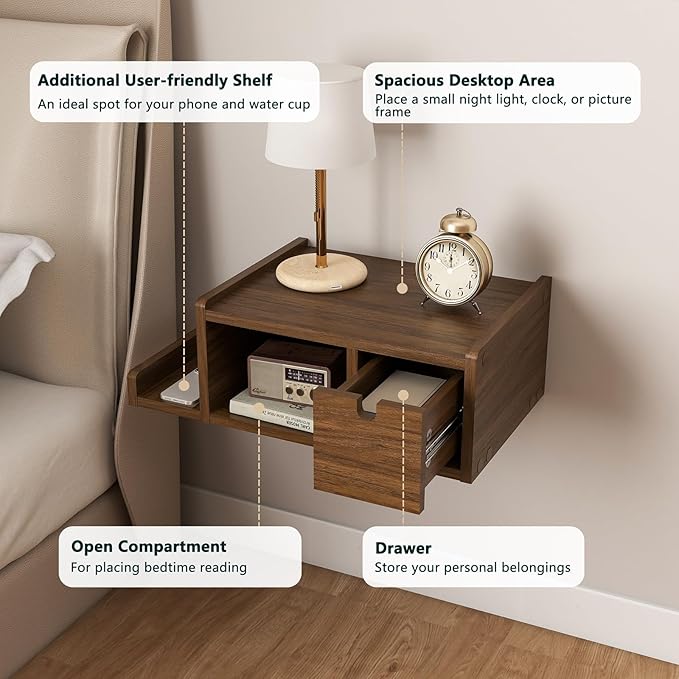 Floating Nightstand Wall Mounted, Walnut Bedside Table with Drawer, Open Cubby & Reversible Side Shelf, Space-Saving Floating End Table for Bedroom/Living Room (Walnut)