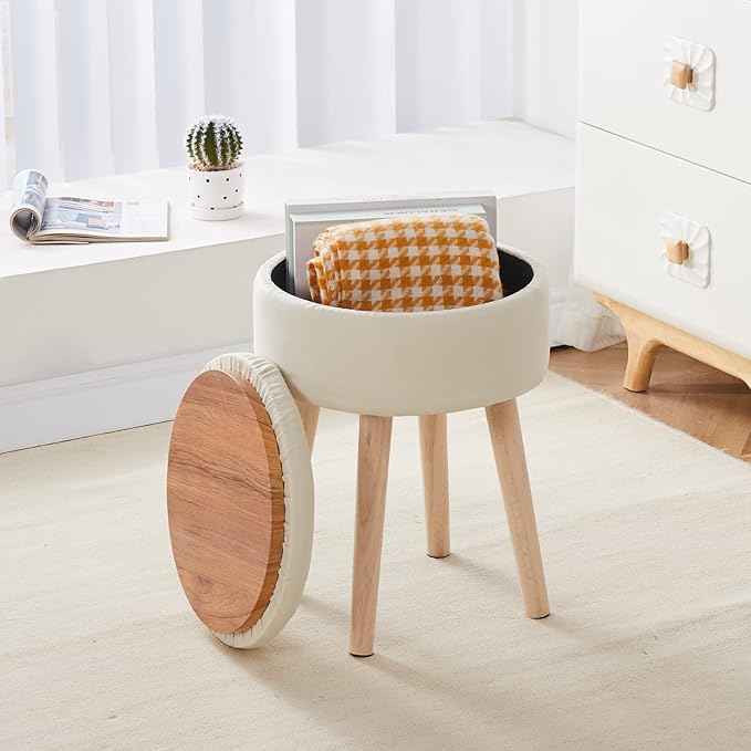 Mxfurhawa Storage Ottoman Linen Round Vanity Stool Tray Top Modern Foot Stool with Wood Legs Multifunctional Upholstered Foot Ottoman Rest for Living Room, Bathroom, Makeup (White)