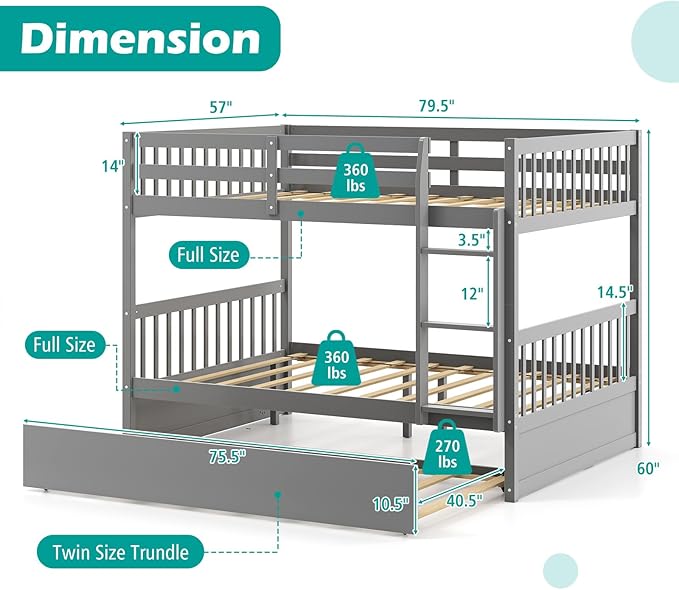 Giantex Full Over Full Bunk Bed with Trundle, Solid Wood Trundle Bed Frame w/Guardrails and Ladder, Convertible to 2 Beds, Full Size Bunk Beds for Adults Kids Teens, No Box Spring Needed, Grey