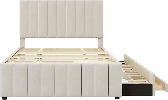 Bellemave Full Size Bed Frame with Twin Trundle Bed and Storage Drawers,Linen Upholstered Bed Frame,Full Size Trundle Bed with Adjustable Headboard for Kids Teens Adults,Beige