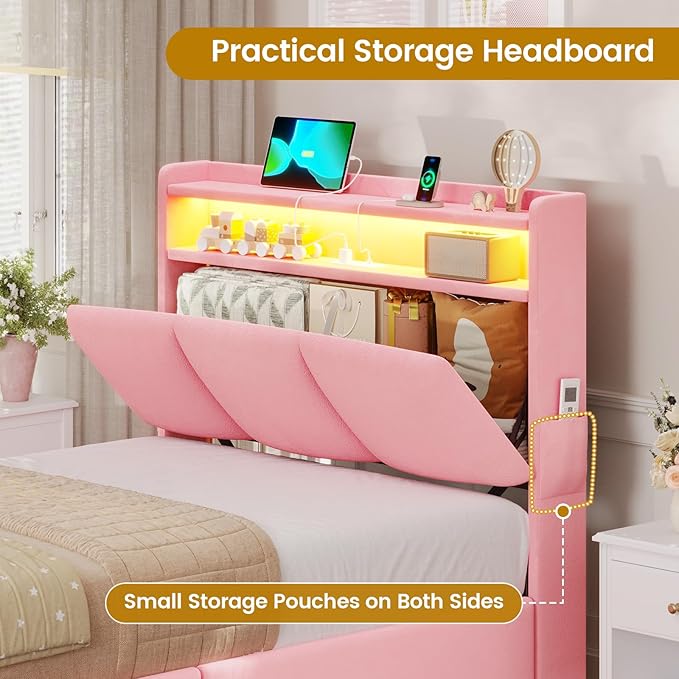 VIAGDO Twin Bed Frames with Storage Headboard and Charging Station, Velvet Upholstered Bed Frame Twin Size with 4 Drawers and LED Lights, Type C and USB, No Box Spring Needed, Pink