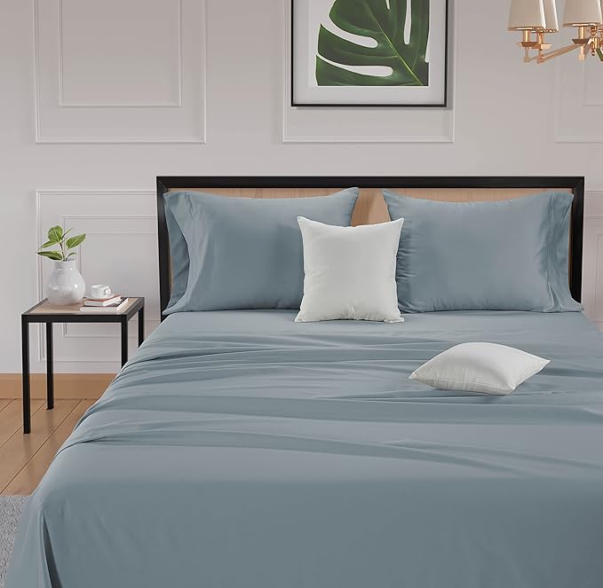 LANE LINEN 100% Cotton Bed Sheets – 600 Thread Count Cooling Sheets Queen, Durable Daily Use Bedding, Value Comfort for Night Rest, Hotel Sateen Finish, Snug Fit 15" Deep Pocket – Blue