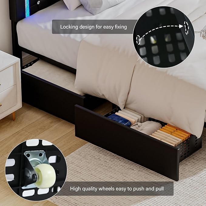 BarnFurin Queen Bed Frame with LED Lights, Upholstered Bed Frame with Storage Drawers, Modern Platform Bed with Diamond Headboard and Footboard, No Box Spring Needed, Black