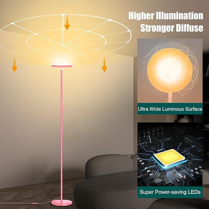 Pink Floor Lamp, 40W Super Bright Floor Lamps for Living Room Bedroom with Remote & Timer, Torchiere LED Floor Lamp 2700K-6500K Stepless Dimmable, Tall Standing Light Works with Smart Plug