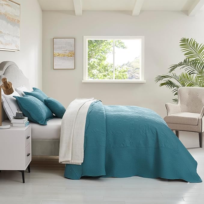 CHIXIN Oversized Bedspread Coverlet Set King Size - Lightweight Bedding Cover - Ultrasonic Quilting - 5 Piece Reversible Bedspread - Vintage Rose Pattern (King, Lagoon)