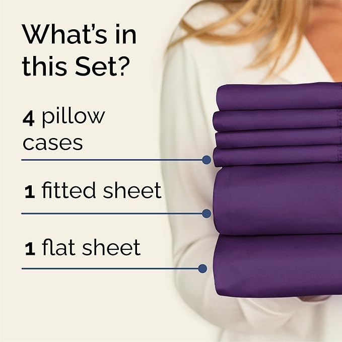 Queen 6 Piece Sheet Set - Cooling, Comfy & Breathable - Hotel Luxury Bedding, Includes Fitted Sheet for Women, Men, Kids and Teens - 1 Flat, 1 Fitted Sheet, 4 Pillowcases with Deep Pockets - Purple