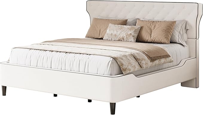 Christopher Knight Home Salus Linen Upholstered King Size Bed Frame with Headboard, Modern King Bed Frame and Headboard, Wooden Slats Support, Easy Assembly, No Box Spring Needed, Beige