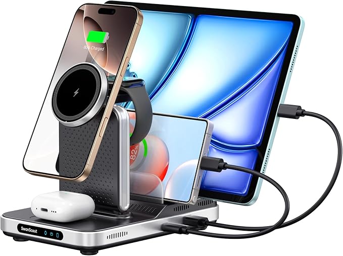 Magnetic Charger for iPhone, SwanScout 901M, Charging Station for Apple Multiple Devices, for iPhone 17/16/15/14/13 Series, for Apple Watch 11/10/9/8/7, Ultra 3/SE 3, for AirPods/iPad/Tablet/Switch