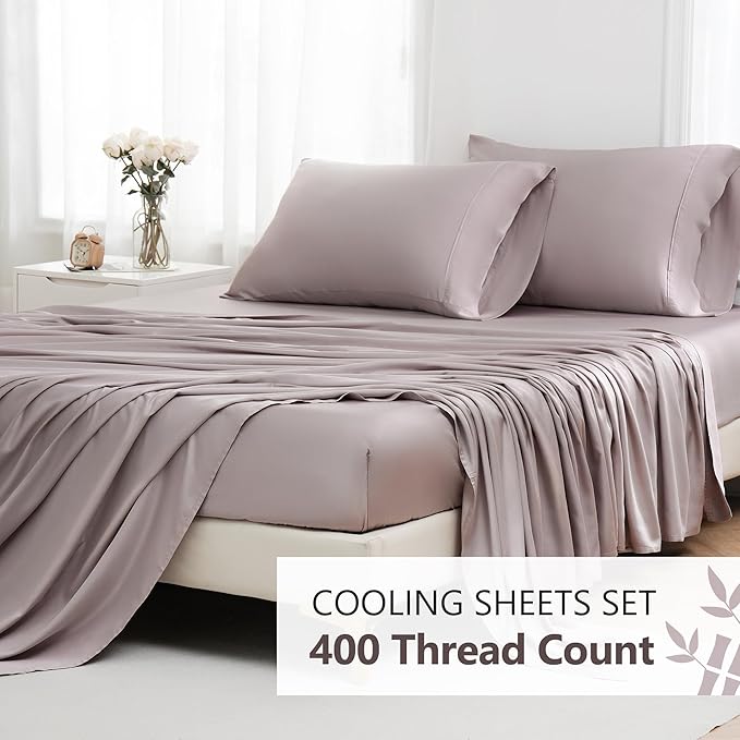 Linen World Queen Size 400TC Cooling Bed Sheet Set - 100% Organically Grown Viscose Sheets, Silky Soft & Breathable, Deep Pocket Fits Up to 16", 4-Piece Sheets with Pillowcases, Mauve