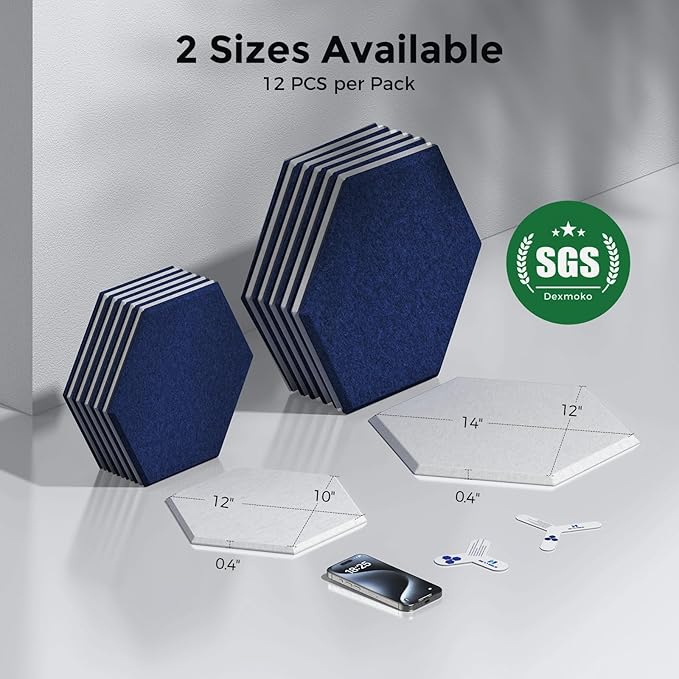 Self-Adhesive Acoustic Panels [390 lbs/yd³ Ultra-High Density], 2nd Generation Sound Absorbing Panel, Professional Level Sound Panel, Polyester Soundproof Foam [Size M, White & Dark Blue]