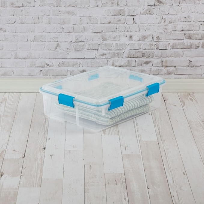Sterilite 4-Pack Gasket Box, Home Storage Organizer Bins with Lids, 37 Quart – Stackable Clear Plastic Containers for Bedroom, Bathroom, Garage, Basement, or Attic