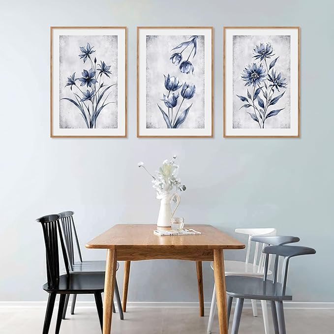 LHIUEM Navy Blue and Grey Flower Framed Canvas Wall Art Set,Modern Botanical Plant Wall Decor,Neutral Wildflower Painting,Watercolor Aesthetic Floral Artwork for Living Room,Bedroom,Office-16''x24''x3
