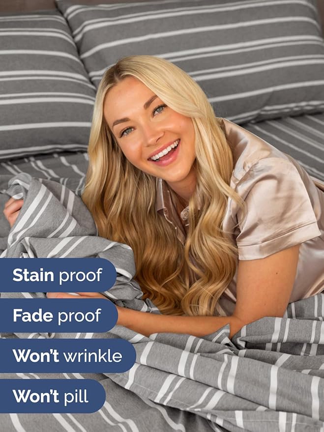 Extra Deep King Sheet Set - 6 Piece Breathable and Cooling Sheets - Hotel Luxury Bed Sheets Set - Easy Fit - Soft, Wrinkle Free and Comfy Sheets Set - Grey Striped Sheet Set with Extra Deep Pockets