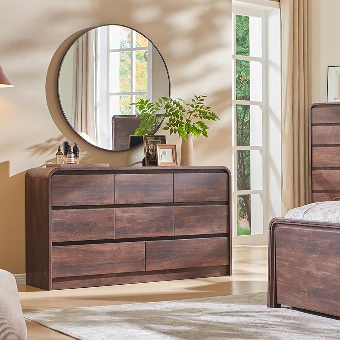 Modern 8 Drawers Dresser for Bedroom, 55" Wide Dressers & Chest of Drawers w/Curved Profile Design, Wood Mid Century Storage Dressers Organizer for Bedroom, Living Room, Brown