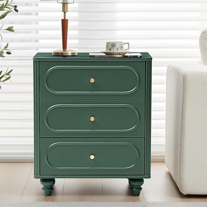 3 Drawer Fluted Dresser for Bedroom Set of 2, Mid Century Modern Chest of Drawers, Wood Storage Small Dresser Organizer for Bedroom Living Room Hallway Closet, Green