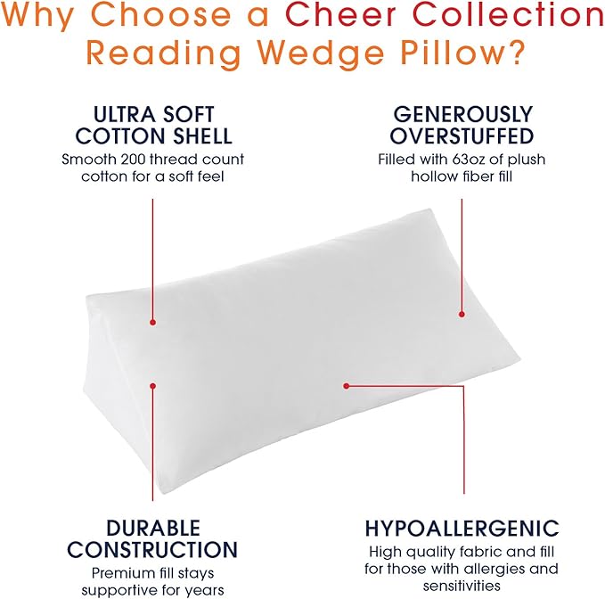Cheer Collection Ultra Plush and Comfortable Wedge Pillow for Sitting Up in Bed or Sleep Elevation * New and Improved with Etrxa Filling *