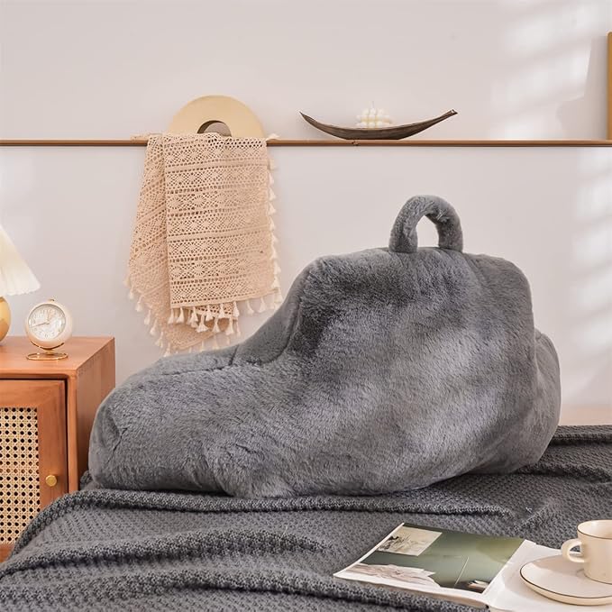 Holawakaka Standard Faux Fur Bed Rest Pillow with Arms, Artificial Rabbit Fur Reading Pillows Perfect for Adults, Teens, Kids, Pregnancy Lumbar & Head Neck Coccyx Lower Back Support Cushion (Grey)