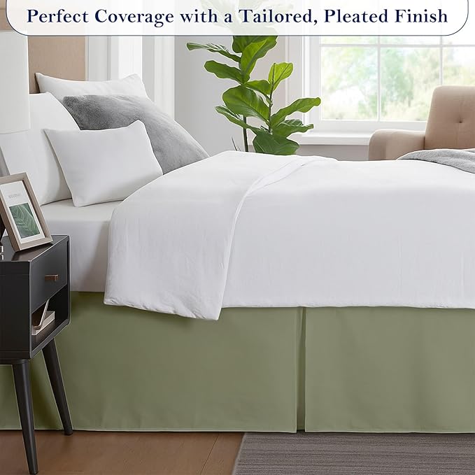 Twin Bed Skirt, Luxury 14 Inch Drop Sage Pleated Bed Skirt, Double Brushed Microfiber, Box Pleat Design, Wrinkle & Fade Resistant, Easy Fit Tailored Bedskirt for Twin Size Beds
