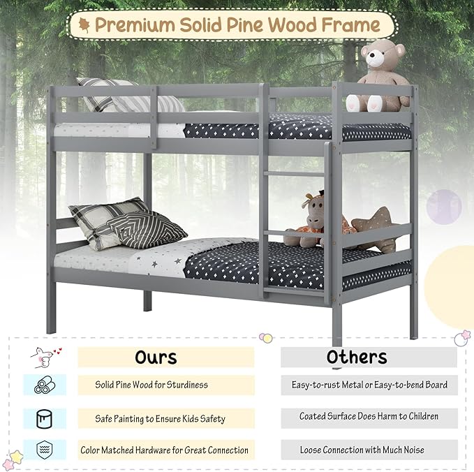 KOMFOTT Wood Bunk Bed Twin Over Twin, Bunk Bed with Ladder & Safety Guardrail, Solid Wood Bed Frame, Ideal for Dormitory & Multiple-Child Family, No Box Spring Needed, Kids Bunk Bed