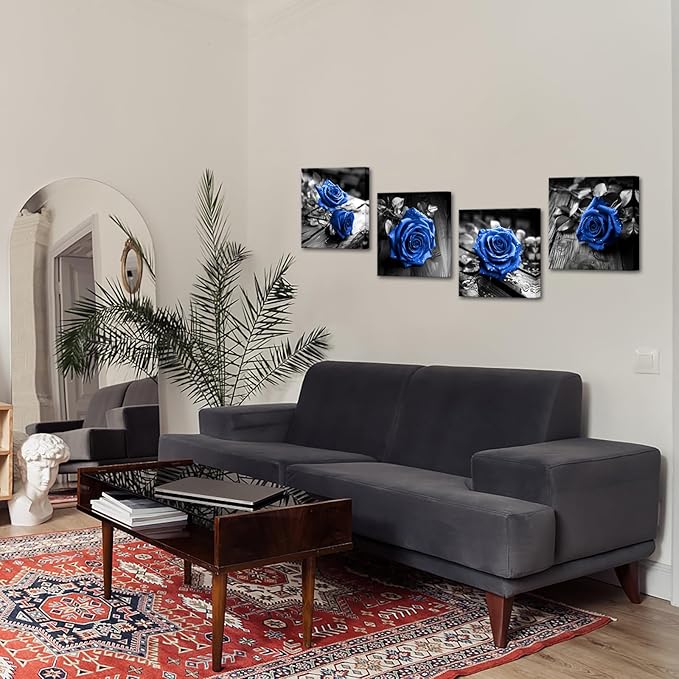 VANSEEING 4 Pieces Blue and Black Rose Flower Canvas Wall Art Floral Pictures Prints Modern Romantic Artwork Wall Decor for Valentine's Day Living Room Bedroom 12x12inchx4Pcs
