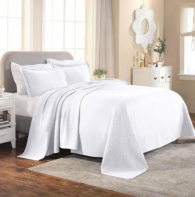 Superior 3 Piece Basketweave Cotton Bedspread Set, Home Bed Decor, Decorative Bed Spread, 2 Pillow Shams, Medium Weight Blanket, Matelasse Coverlet Bedding, Geometric Lattice Pattern, Queen, White