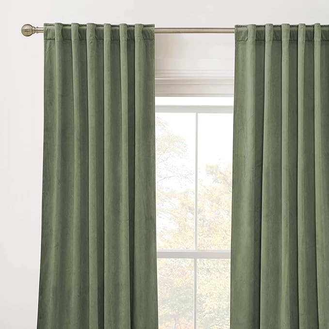 RYB Home Velvet Blackout Curtains for Bedroom - Super Soft Room Darkening Curtains Thermal Insulated Drapes Heat Block Window Panels for Living Room, Wide 62 x Long 84, Sage Green, 2 Panels