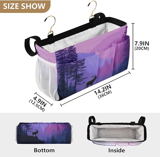 Bedside Caddy Hanging Bunk Bed Caddy Bed Organizer Hanging Pocket with 2 Hooks Bedside Storage Organizer Pocket Bag Holder Purple Stag Mountains and Forest