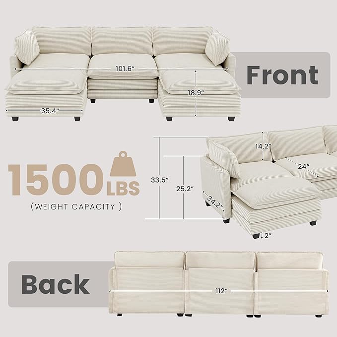 112'' Sectional Modular Cloud Couch, Oversized 5 Seat Couches U Shaped Sofa with 2 Movable Ottomans, 2 Throw Pillows, Upholstered Corduroy U Shape Comfy Deep Couches for Living Room and Office, Beige
