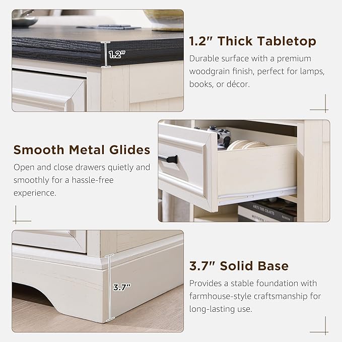 ACCOHOHO 24" Farmhouse Nightstand Set of 2 with Charging Station, 2 Drawers Large Bedside Table with Open Shelf, Rustic End Table for Bedroom - White
